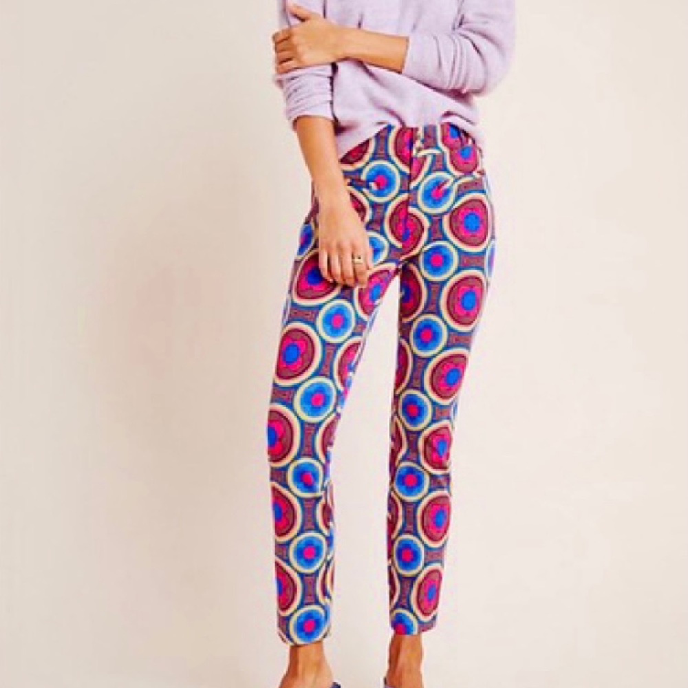 ANTHROPOLOGIE The Essential Slim Trousers - Cropped in Retro Geometric Print